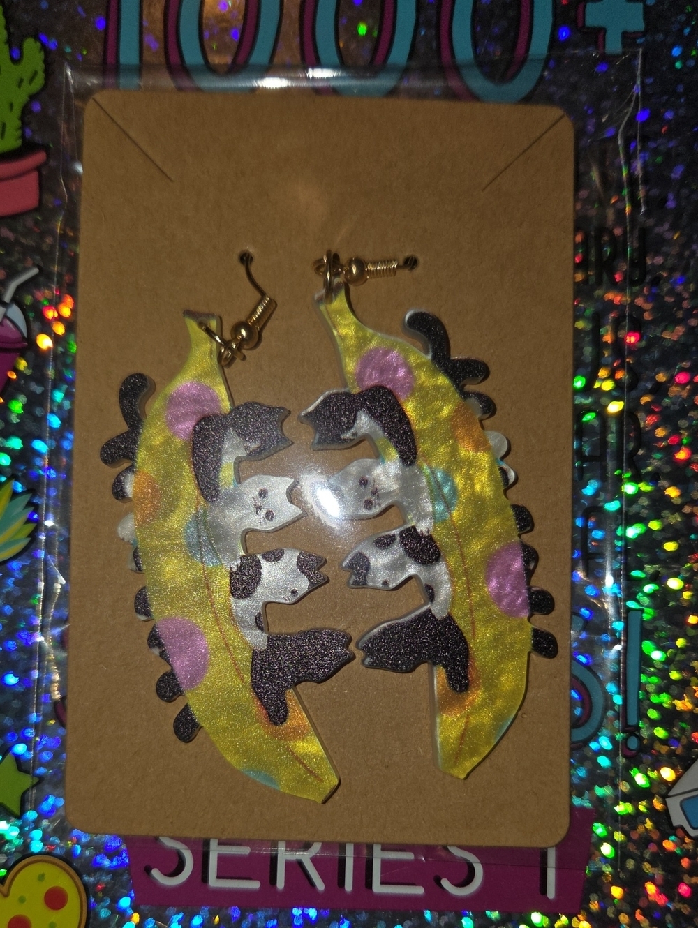 Yellow Polka Dot Cat Banana Dangle Earrings
